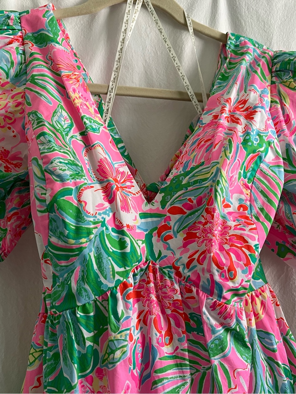 Lilly Pulitzer Pink Green Floral V-Neck Tiered Mini Dress - Picture 14 of 15